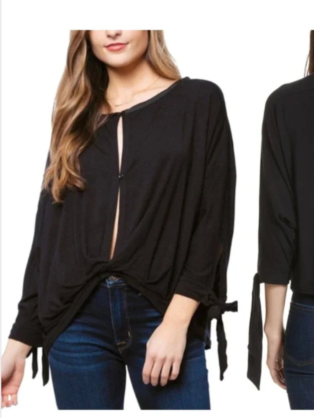Free People Keepin' On Twist Tie Sleeve Top Black Flowy Front Button Size Small